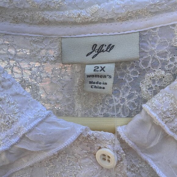 J.Jill Textured Lace Button-Up Blouse Size‎ 2X White Ivory Sheer Ruffled Hem NEW - Picture 7 of 15